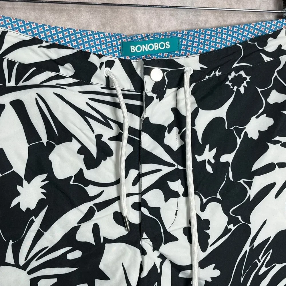 Bonobos‎ Swim Trunks Mens Size 35 Black White Floral Drawstring Lined Pockets